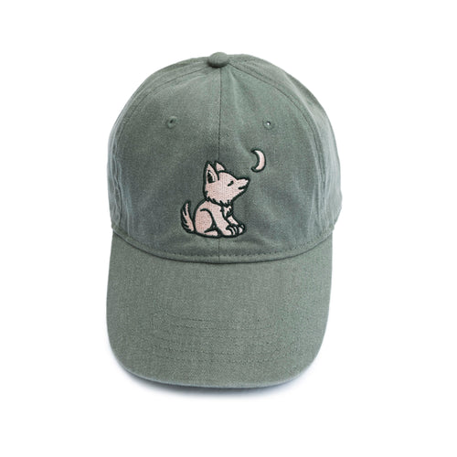 Khaki Green Baseball Cap with Embroidered Wolf Logo in Salmon & Hunter Green - Whimsical Wolf
