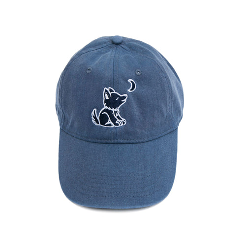 Denim Blue Baseball Cap with Embroidered Wolf Logo in White & Navy Blue - Whimsical Wolf