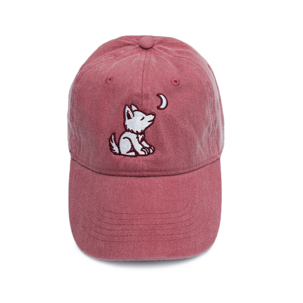 Brick Red Baseball Cap with Embroidered Wolf Logo in White & Burgandy - Whimsical Wolf