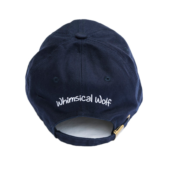 Navy Blue Baseball Cap with Embroidered Wolf Logo in Royal Blue and White - Whimsical Wolf