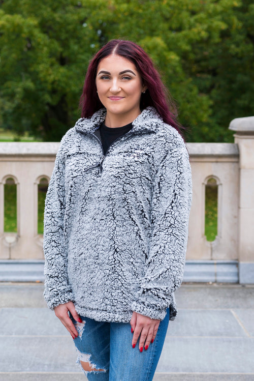 Smoke Grey Pullover Sherpa with Chevron Wolf Embroidered Design - Whimsical Wolf