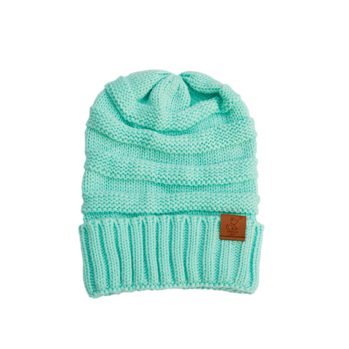 Light Turquoise Knit Cuffed Beanie - Whimsical Wolf