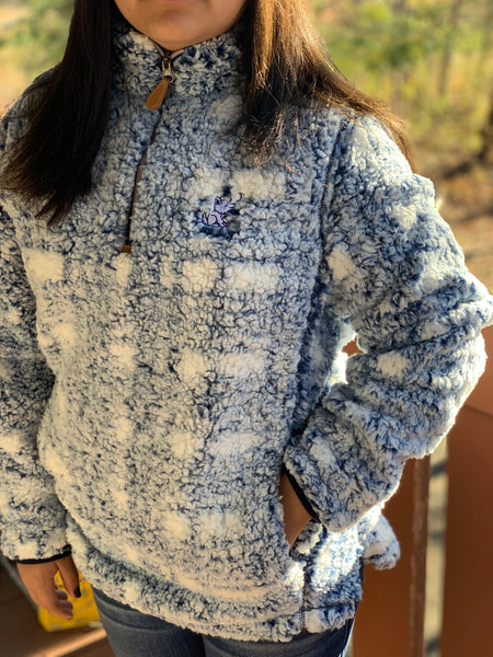 Wine Plaid Sherpa with Whimsical Wolf Logo