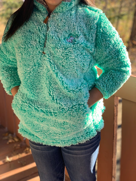 Hunter Green Pullover Sherpa with Chevron Wolf Embroidered Design