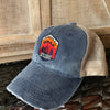 Distressed Denim Blue Trucker Hat with Outdoor Scene Logo - Whimsical Wolf
