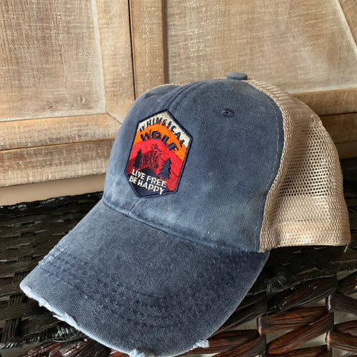 Distressed Denim Blue Trucker Hat with Outdoor Scene Logo - Whimsical Wolf