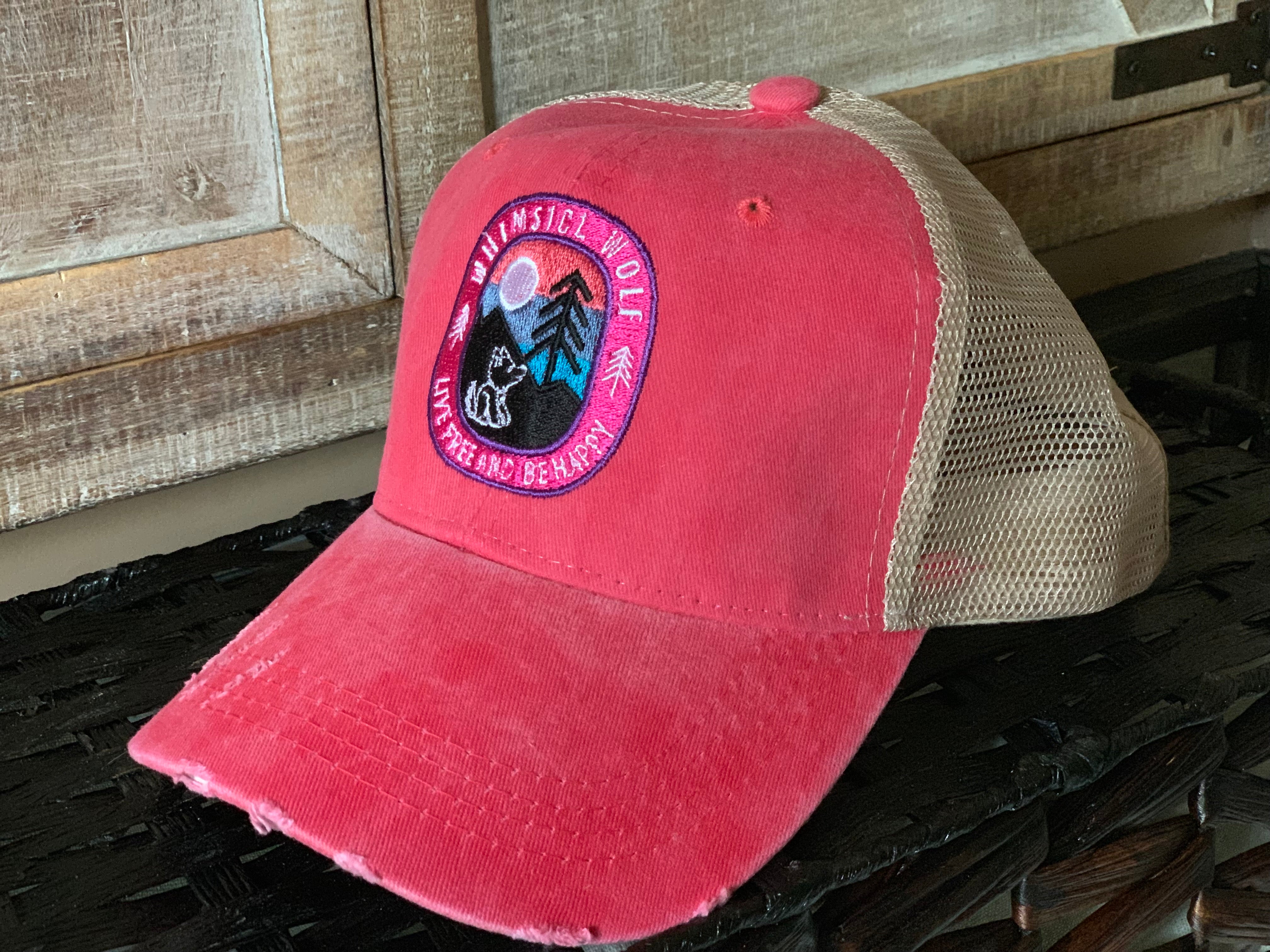 Distressed Denim Pink Trucker Hat with Outdoor Scene Logo – Whimsical Wolf