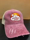 Distressed Maroon Trucker Hat with Sunset Badge Logo - Whimsical Wolf