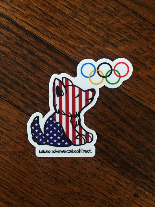 Patriotic Olympic Whimsical Wolf Pattern Sticker 2.5" x 2.5" - Whimsical Wolf