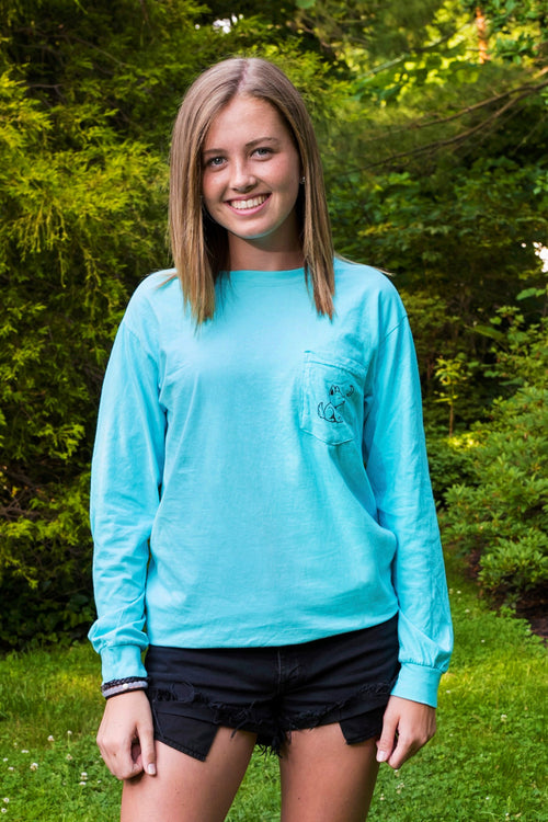 Lagoon Turquoise Long Sleeve with Hibiscus Flower Pattern - Whimsical Wolf