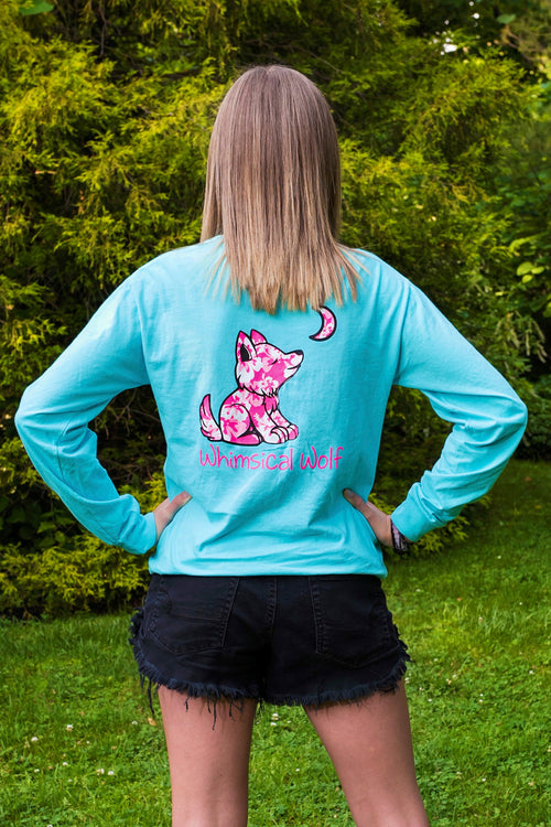 Lagoon Turquoise Long Sleeve with Hibiscus Flower Pattern - Whimsical Wolf