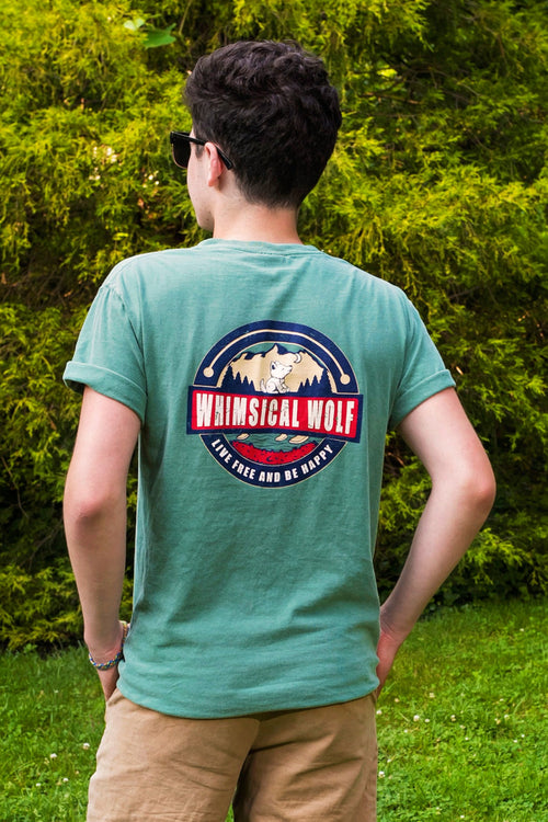 Nature Green Short Sleeve with Vintage Whimsical Wolf Logo - Whimsical Wolf