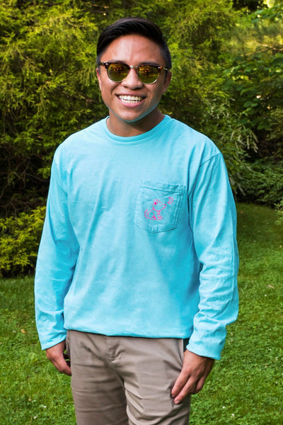 Lagoon Turquoise Long Sleeve with Hibiscus Flower Pattern - Whimsical Wolf