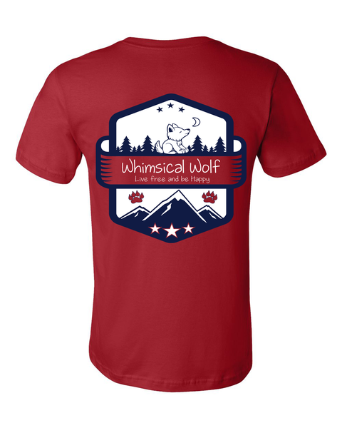 Cardinal Red Short Sleeve Shirt with white and blue Vintage badge design. - Whimsical Wolf