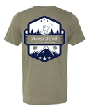 Heather Olive  Short Sleeve Shirt with white and blue Vintage badge design. - Whimsical Wolf