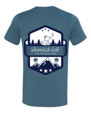 Heather Teal Blue Short Sleeve Shirt with White and Blue Vintage Badge Design - Whimsical Wolf