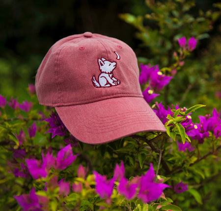 Distressed Denim Pink Trucker Hat with Outdoor Scene Logo