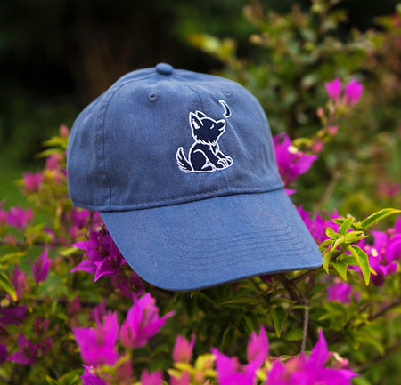 Navy Blue Baseball Cap with Embroidered Wolf Logo in Royal Blue and White