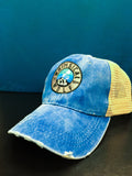 Distressed Royal Blue Trucker Hat with Circle Badge Logo - Whimsical Wolf