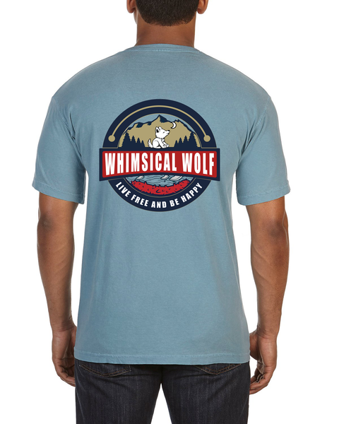 Ice Blue Short Sleeve with Vintage Whimsical Wolf Logo - Whimsical Wolf